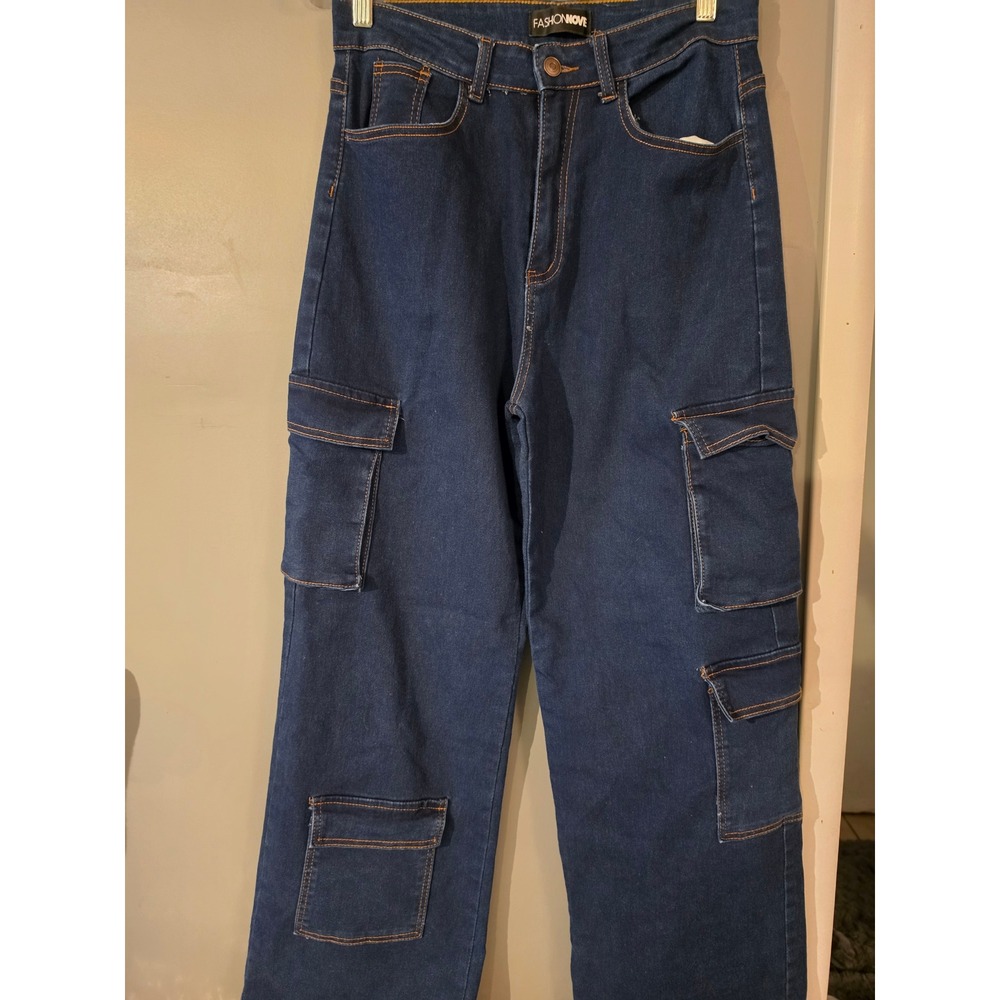 Fashion Nova Womens Dark Wash High Rise Wide Leg Cargo Jeans Size 11 FNPW70K-AAP